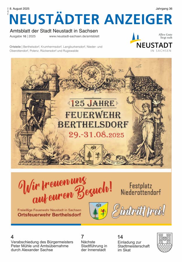 Neustädter Anzeiger - Amts- und Heimatblatt der Stadt Neustadt in Sachsen Titelblatt 16/2025