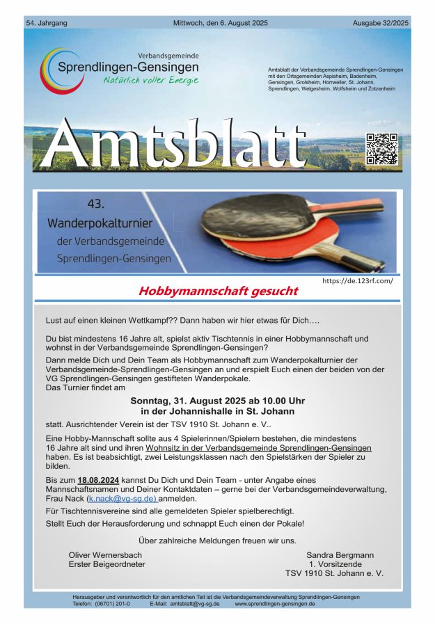 Amtsblatt VG Sprendlingen-Gensingen Titelblatt 32/2025