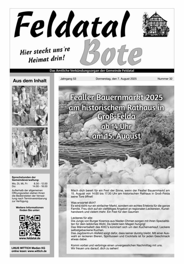 Das Amtliche Verkündungsorgan der Gemeinde Feldatal Titelblatt 32/2025