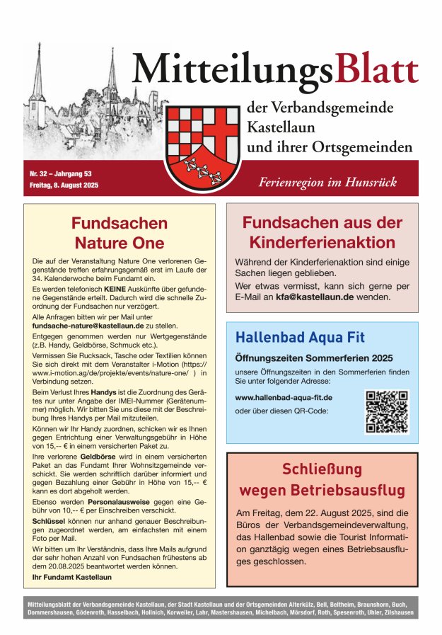 Mitteilungsblatt Kastellaun Titelblatt 32/2025