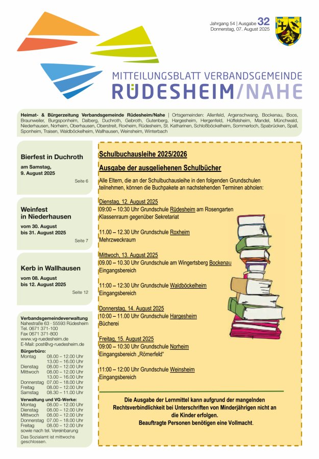Mitteilungsblatt Verbandsgemeinde Rüdesheim und zugehörige Ortsgemeinden Titelblatt 32/2025