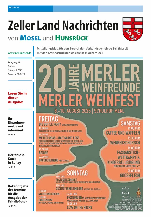 Zeller Land Nachrichten Titelblatt 32/2025