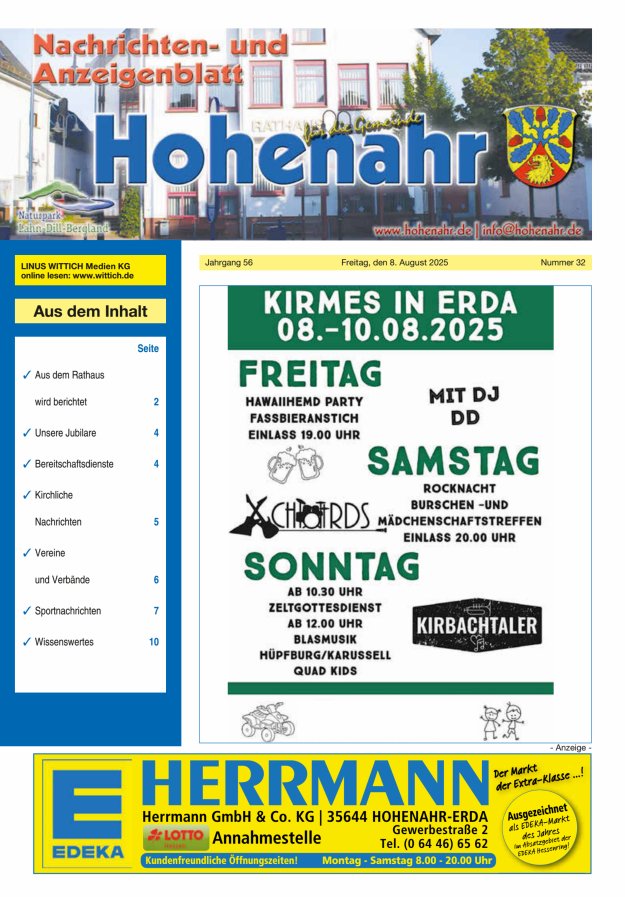 Nachrichten- und Anzeigenblatt für die Gemeinde Hohenahr Titelblatt 32/2025
