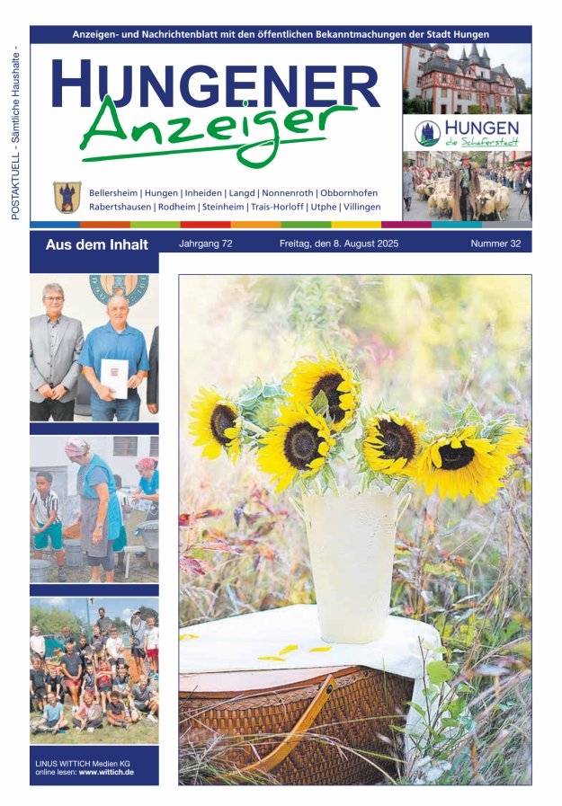 Anzeigen- und Nachrichtenblatt mit den öff  Bekanntmachungen der Stadt Hungen Titelblatt 32/2025