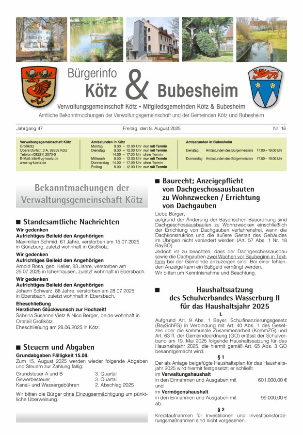 Amtsblatt der VG Kötz und der Mitgliedsgemeinden Titelblatt 16/2025