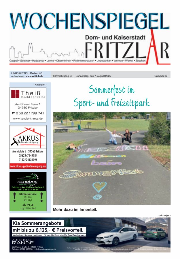 Wochenspiegel Dom- und Kaiserstadt Fritzlar Titelblatt 32/2025