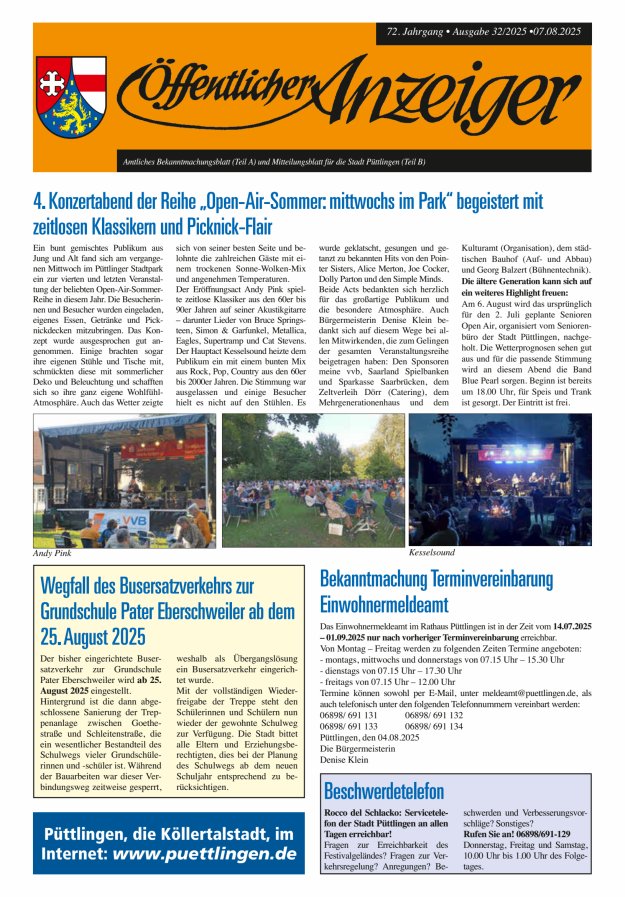 Öffentlicher Anzeiger - Stadt Püttlingen Titelblatt 32/2025