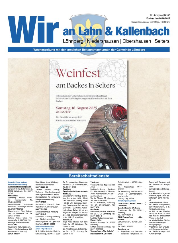 Amtliches Mitteilungsblatt der Gemeinde Löhnberg Titelblatt 32/2025