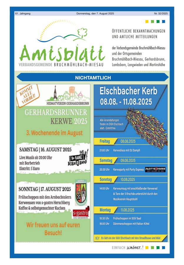 Amtsblatt der VG Bruchmühlbach-Miesau Titelblatt 32/2025