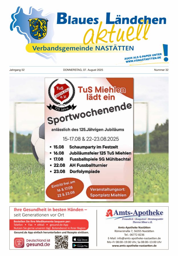 Blaues Ländchen aktuell - Heimat- u Bürgerzeitung VG Nastätten Titelblatt 32/2025
