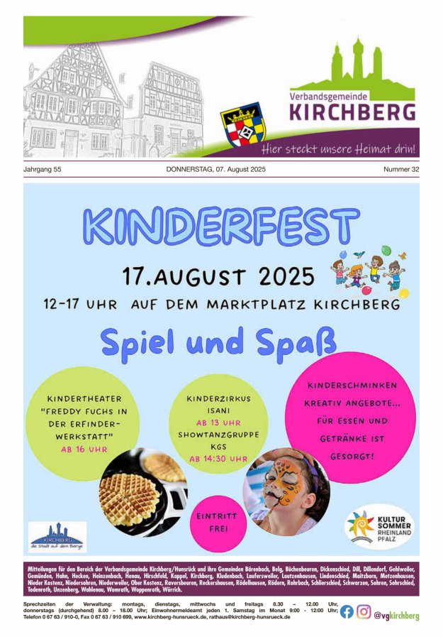 Mitteilungen der Verbandsgemeinde Kirchberg Hunsrück Titelblatt 32/2025