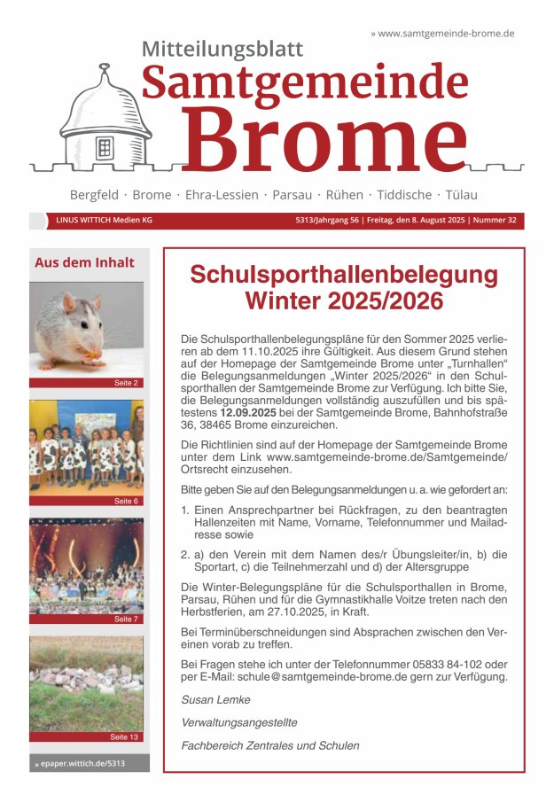 Mitteilungsblatt der Samtgemeinde Brome Titelblatt 32/2025