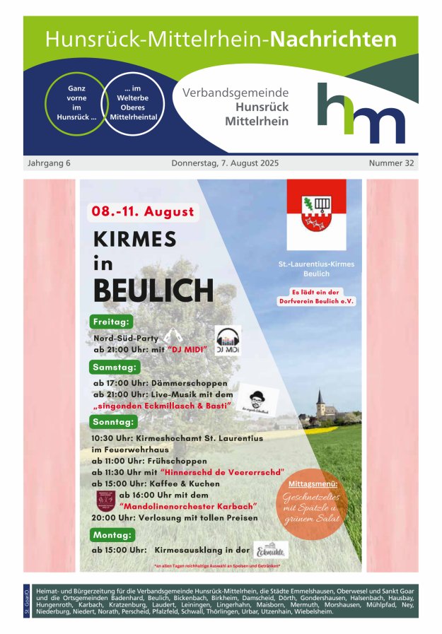 Hunsrück-Mittelrhein Nachrichten Ausgabe St Goar Oberwesel Titelblatt 32/2025