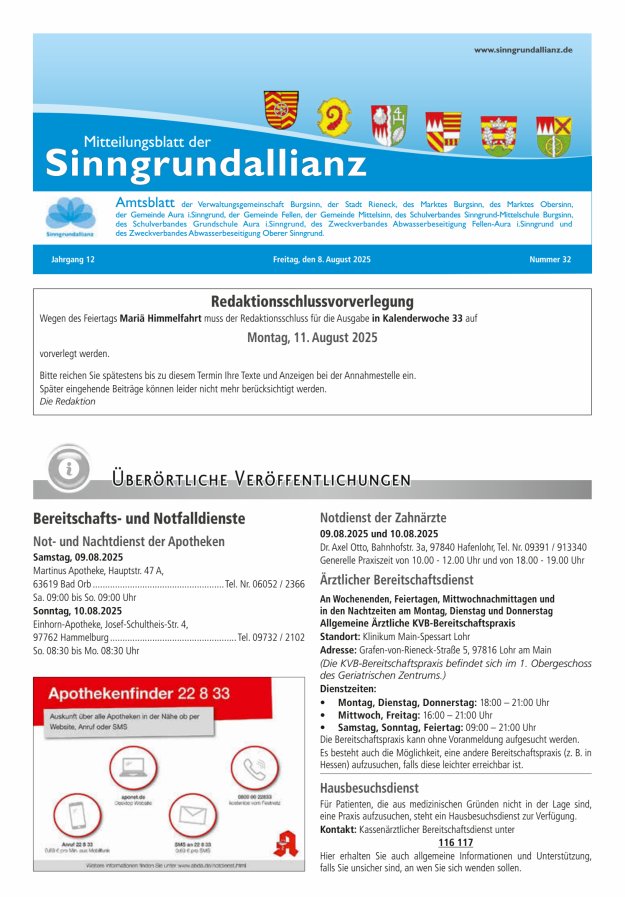 Mitteilungsblatt der Sinngrundallianz Titelblatt 32/2025