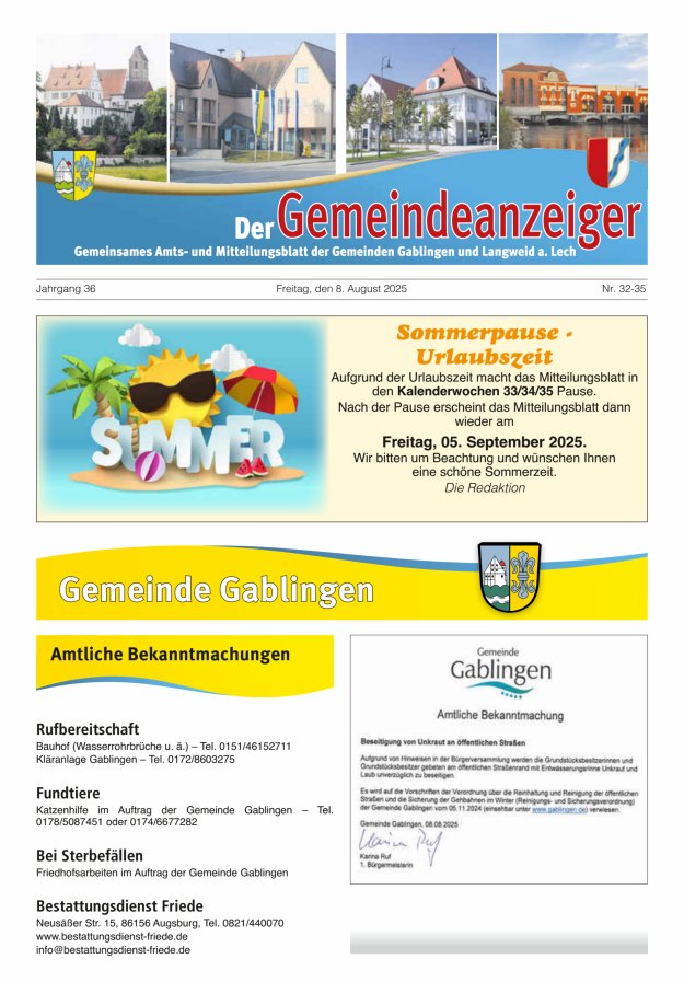 Der Gemeindeanzeiger - Gablingen Langweid Titelblatt 32/2025