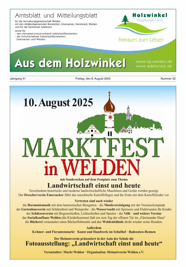 Aus dem Holzwinkel Amtsblatt u Mitteilungsblatt f VG Welden u GemAdelsried Titelblatt 32/2025
