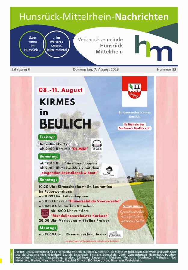 Hunsrück-Mittelrhein Nachrichten Ausgabe Emmelshausen Titelblatt 32/2025