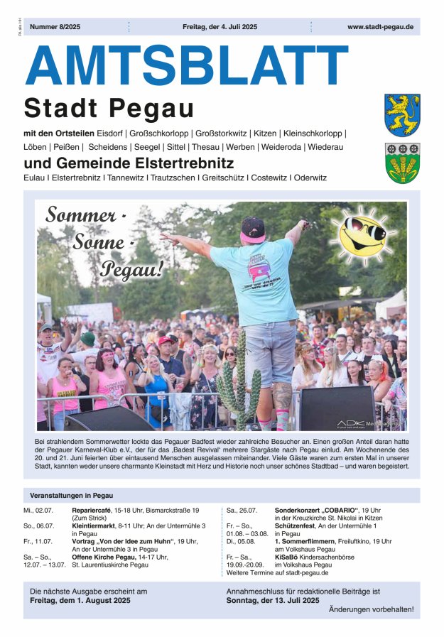 Amtsblatt Stadt Pegau und Gemeinde Elstertrebnitz  Titelblatt 08/2025
