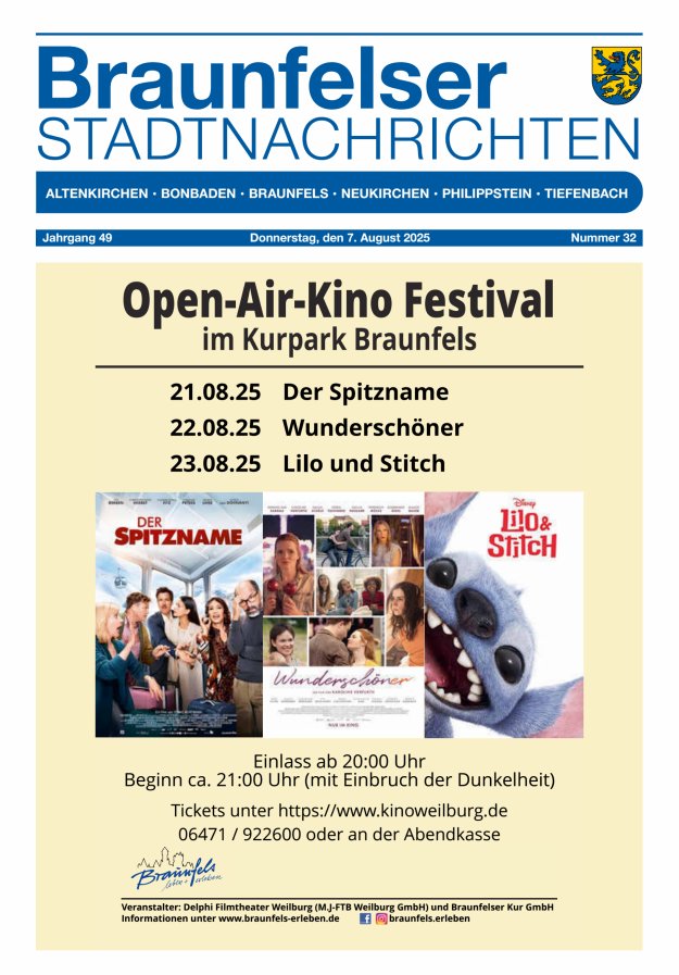 Braunfelser Stadtnachrichten Titelblatt 32/2025