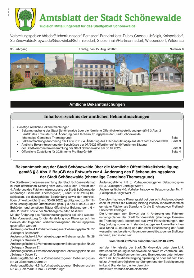 Amtsblatt der Stadt Schönewalde - Mitteilungsblatt für das Stadtgebiet Titelblatt 08/2025