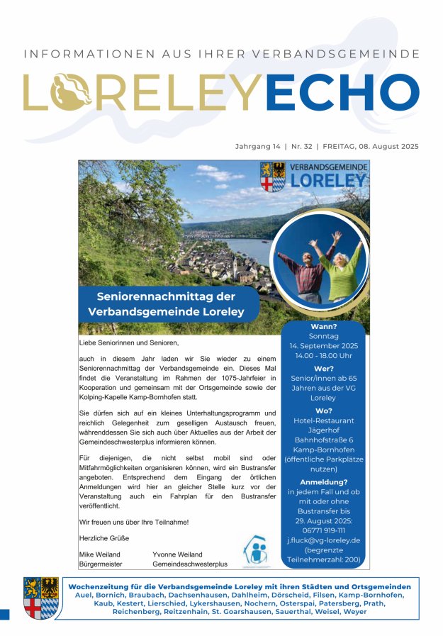 Loreley-Echo - Mitteilungsblatt der Verbandsgemeinde Loreley (Braubach) Titelblatt 32/2025