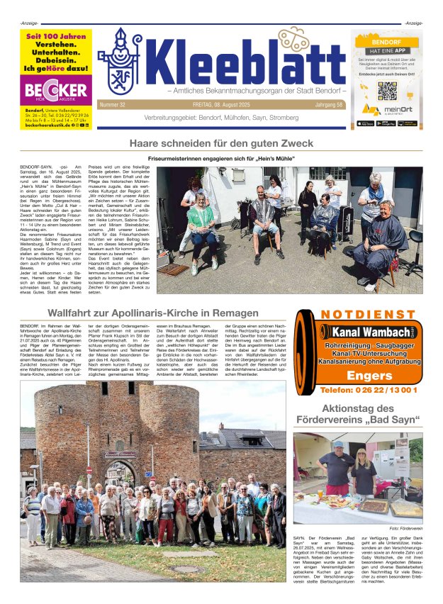 Kleeblatt - Amtliches Bekanntmachungsorgan der Stadt Bendorf Titelblatt 32/2025