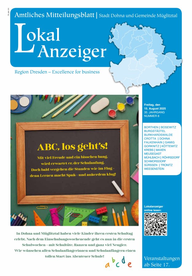 Lokal-Anzeiger – Amtliches Mitteilungsblatt Stadt Dohna und Gemeinde Müglitztal Titelblatt 08/2025