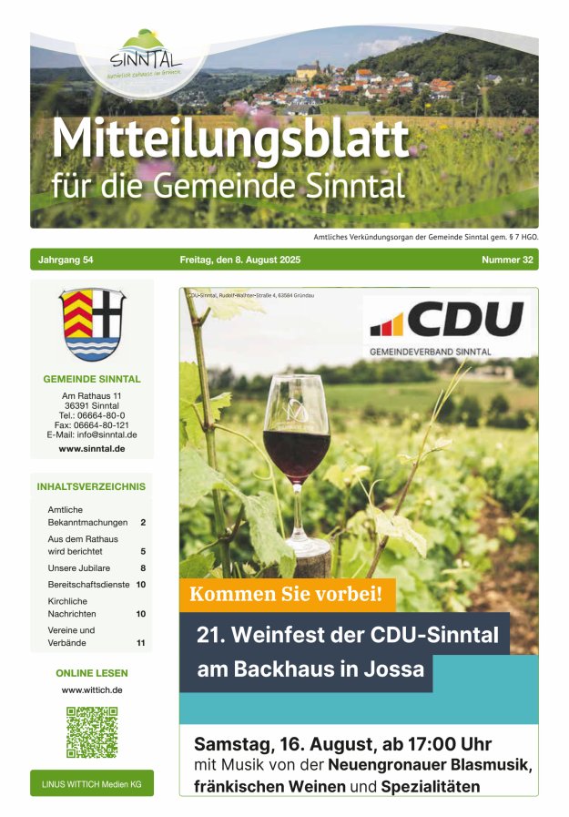 Mitteilungsblatt für die Gemeinde Sinntal Titelblatt 32/2025