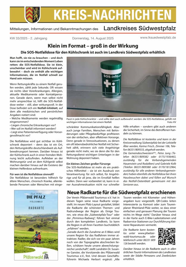 Kreis-Nachrichten - Mitteilungen des Landkreises Südwestpfalz Titelblatt 16/2025