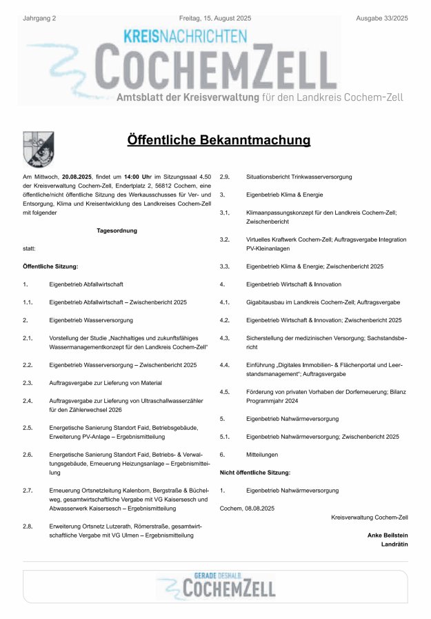 Kreisnachrichten Cochem-Zell Titelblatt 33/2025