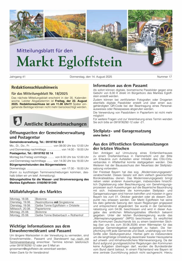 Mitteilungsblatt für den Markt Egloffstein Titelblatt 17/2025