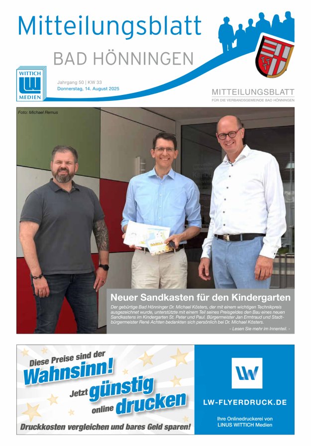 Mitteilungsblatt für den Bereich der Verbandsgemeinde Bad Hönningen Titelblatt 33/2025