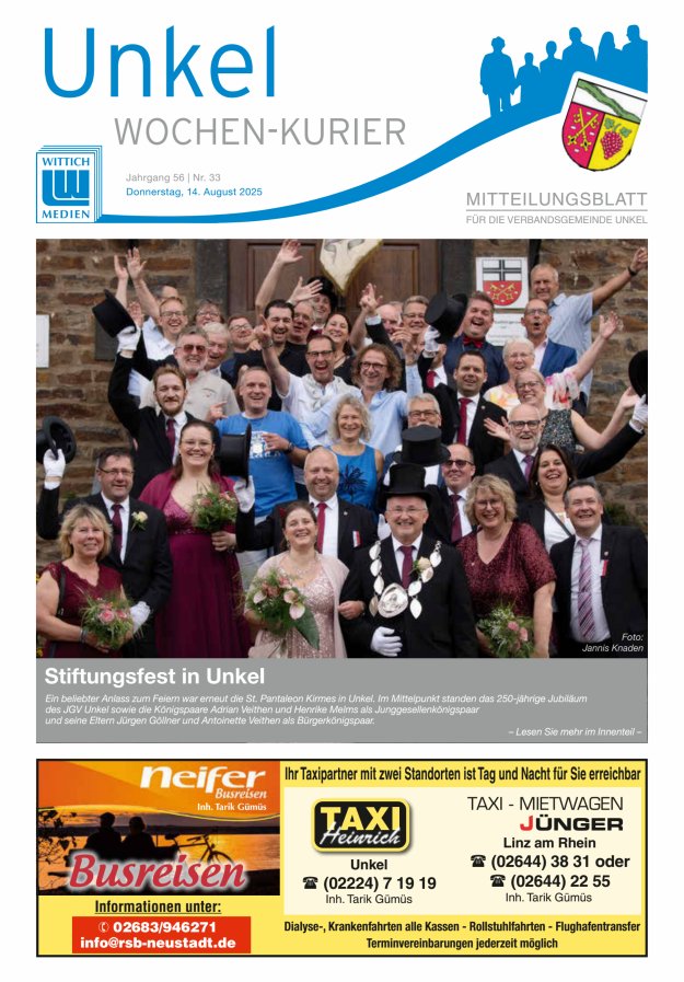 Wochen-Kurier Verbandsgemeinde Unkel Titelblatt 33/2025