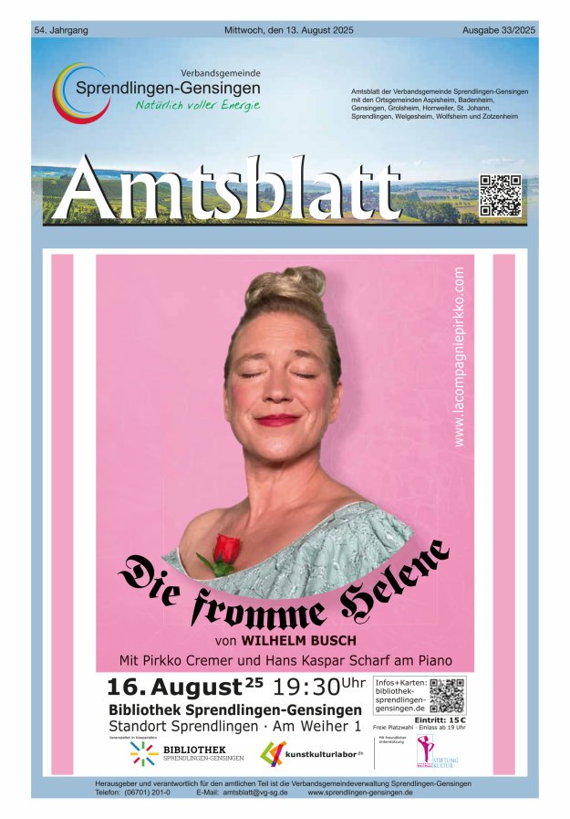 Amtsblatt VG Sprendlingen-Gensingen Titelblatt 33/2025