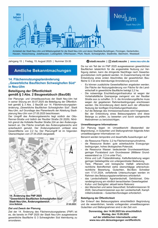 Amtsblatt der Stadt Neu-Ulm und Mitteilungsblatt für die Stadt Neu-Ulm Titelblatt 33/2025