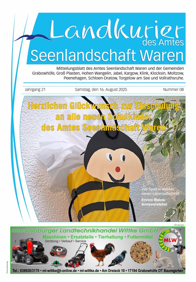 Landkurier des Amtes Seenlandschaft Waren Titelblatt 08/2025