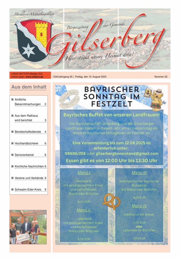 Hochland Mitteilungsblatt Gilserberg Titelblatt 33/2025
