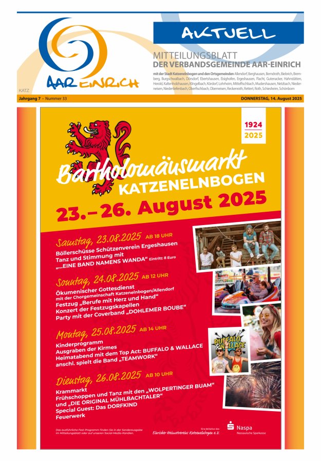 Mitteilungsblatt der Verbandsgemeinde Aar-Einrich Ausgabe Katzenelnbogen Titelblatt 33/2025