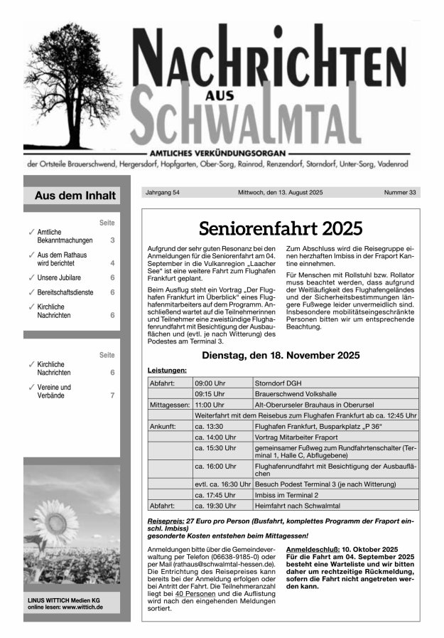 Nachrichten aus Schwalmtal Titelblatt 33/2025