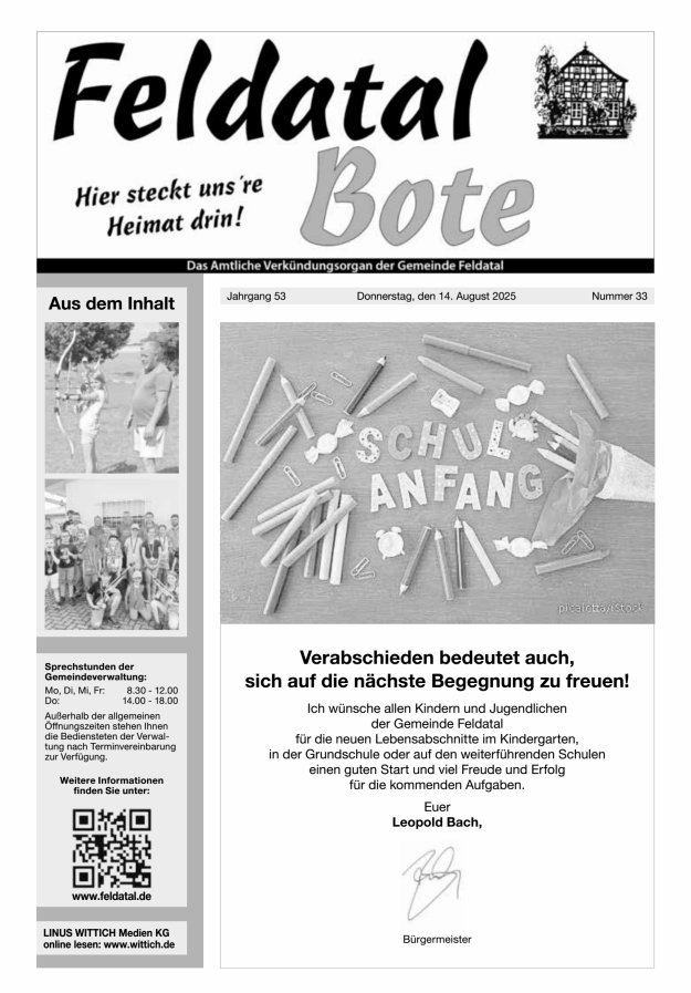 Das Amtliche Verkündungsorgan der Gemeinde Feldatal Titelblatt 33/2025