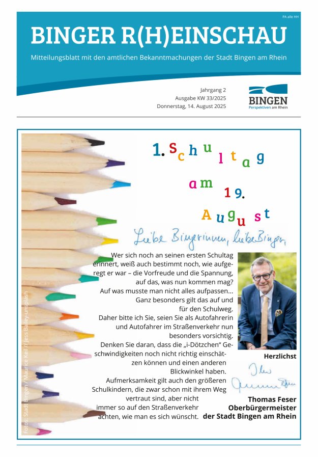 Binger R(h)einschau - Mitteilungsblatt mit den Amtlichen Bekanntmachungen der Stadt Bingen Titelblatt 33/2025