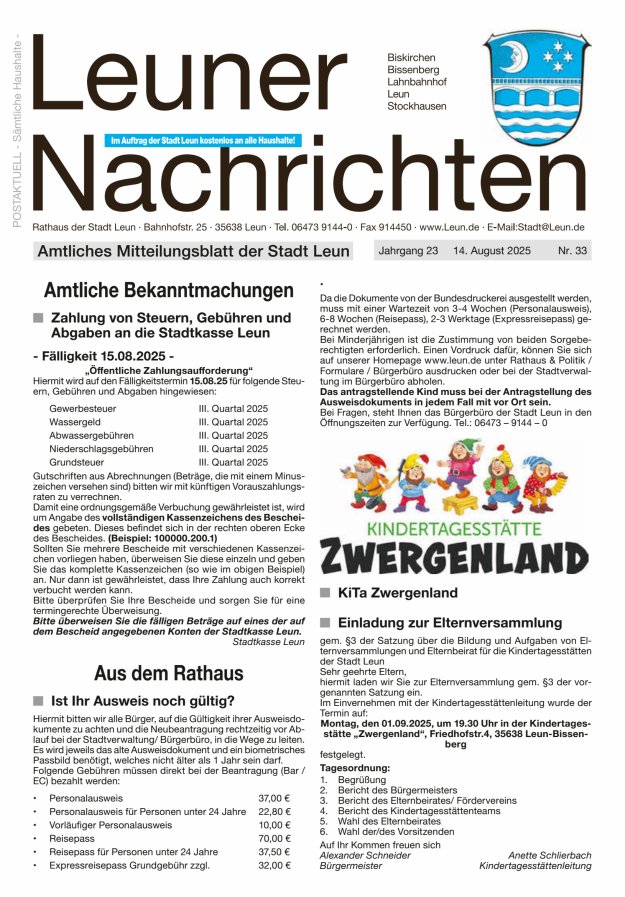 Leuner Nachrichten Titelblatt 33/2025