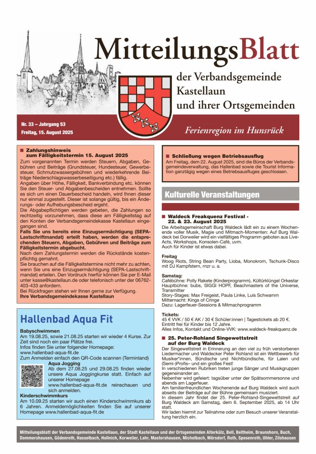 Mitteilungsblatt Kastellaun Titelblatt 33/2025