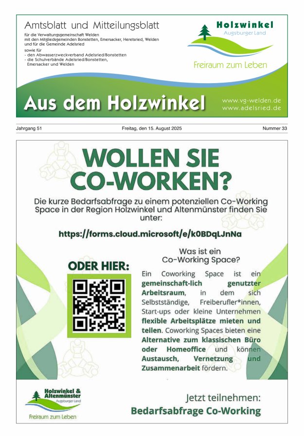 Aus dem Holzwinkel Amtsblatt u Mitteilungsblatt f VG Welden u GemAdelsried Titelblatt 33/2025