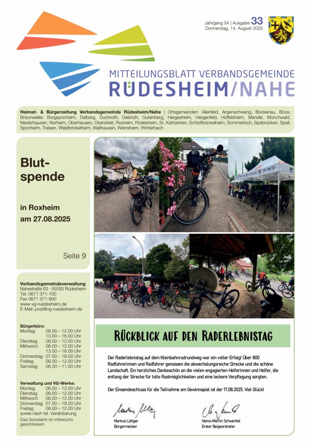 Mitteilungsblatt Verbandsgemeinde Rüdesheim und zugehörige Ortsgemeinden Titelblatt 33/2025