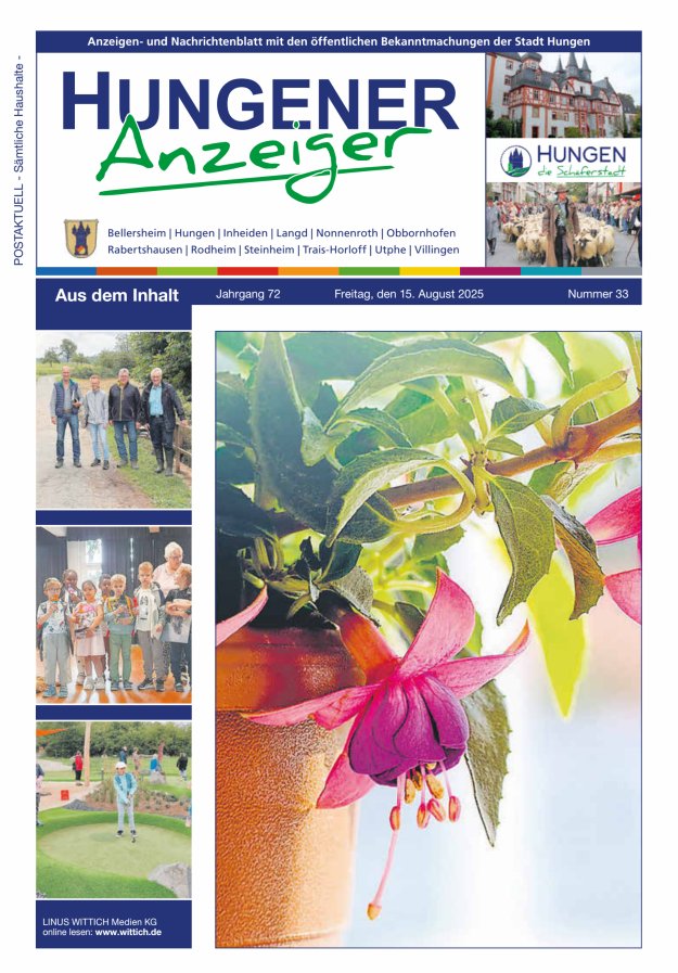 Anzeigen- und Nachrichtenblatt mit den öff  Bekanntmachungen der Stadt Hungen Titelblatt 33/2025