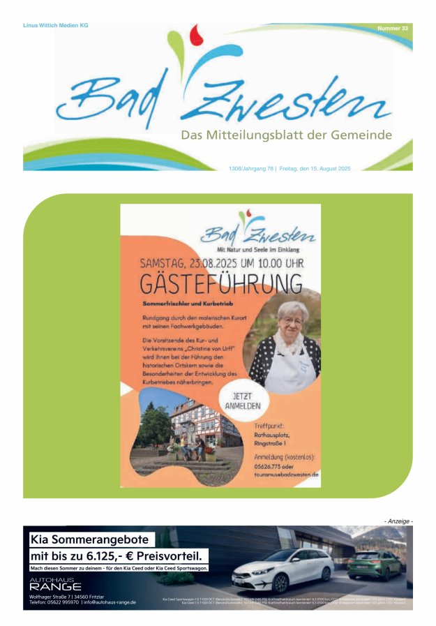 Heimatzeitung Bad Zwesten Titelblatt 33/2025