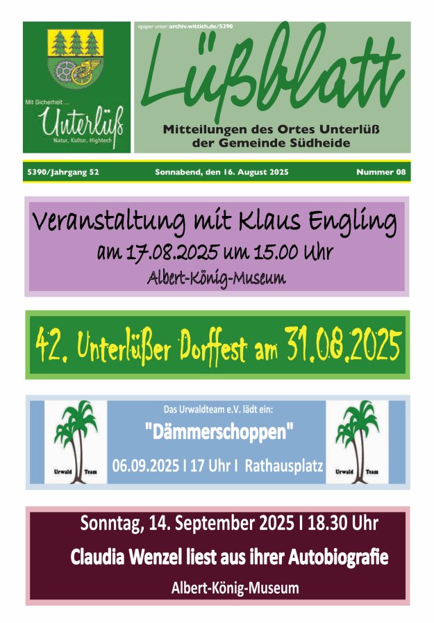 Mitteilungsblatt der Gemeinde Unterlüß Titelblatt 08/2025