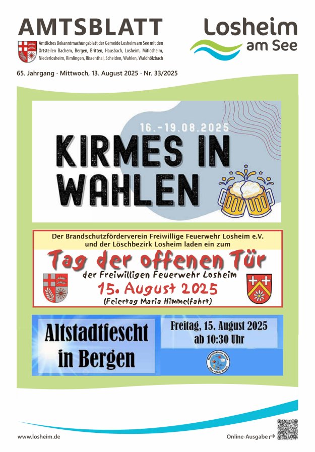Amtliches Bekanntmachungsblatt der Gemeinde Losheim am See Titelblatt 33/2025