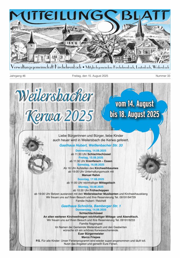 Mitteilungsblatt Verwaltungsgemeinschaft Kirchehrenbach Titelblatt 33/2025